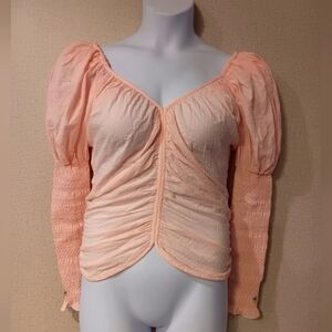 LPA Peach Ruched Blouse with Puff Sleeves Size S